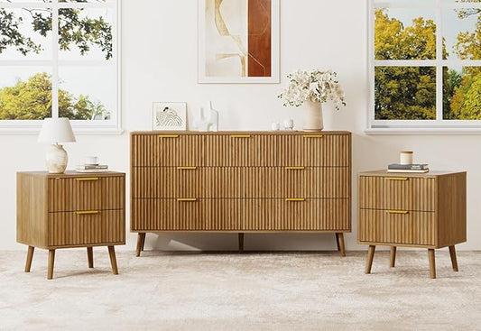 LYNSOM Fluted Dresser and Nightstand Set, 3 Pieces Bedroom Set, 55 Inch Wide 7-Drawer Dresser & 2-Drawer Nightstands Set of 2, Walnut Dressers Set for Bedroom, Hallway