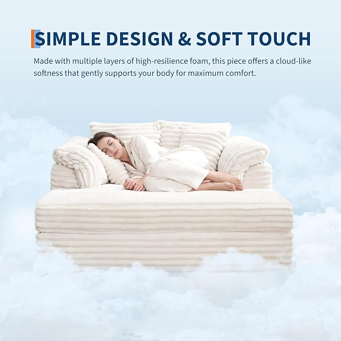 Oversized Chaise Lounge Chair 59 * 54 Inch Indoor Comfy Corduroy Cloud Sleeper Couch Upholstered Sofa Bed with USB Port Throw Pillows Supportive Armrests for Living Room