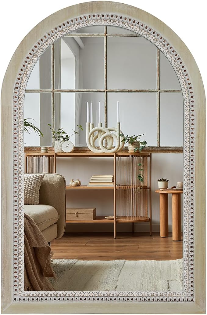 Arched Wooden Mirrors for Farmhouse Wall Decor Arched Wood Frame With Beads Details, Rustic Large Bathroom Vanity Mirrors for Bathroom, Over Sink, Bedroom, Living Room, Entryway,Foyer (36''Lx24''W) by Unknown