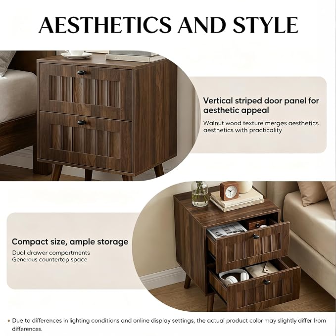 Kiasthome Mid-Century Wood Nightstand with 2 Drawers, Fluted Front Bedside Table, Functional End Table for Bedroom & Living Room (Vintage Walnut (2-Pack)) - Image 4