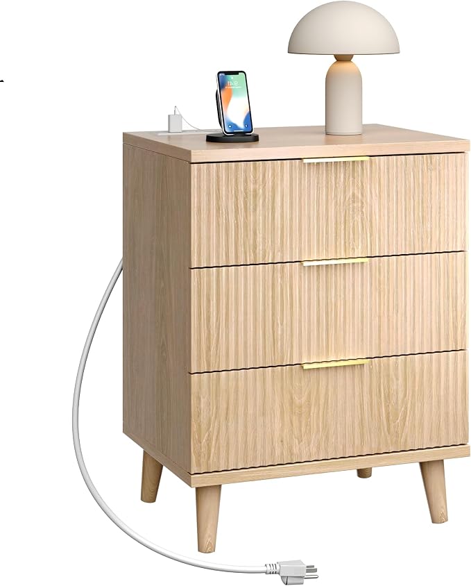Fluted Night Stand, 20 inch Modern Nightstand with Charging Station Wood Bedside End Table with 3 Large Storage Drawers, Tall Side Table for Bedroom Sofa Office, Oak Natural - Image 3