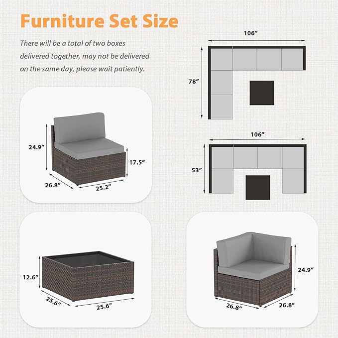 AECOJOY 7 Piece Outdoor Patio Furniture Set, Outdoor Sectional Conversation Furniture Chair with Coffee Table,Patio Sectional for Garden,Backyard(Dark Grey Cushions and Brown PE Rattan)