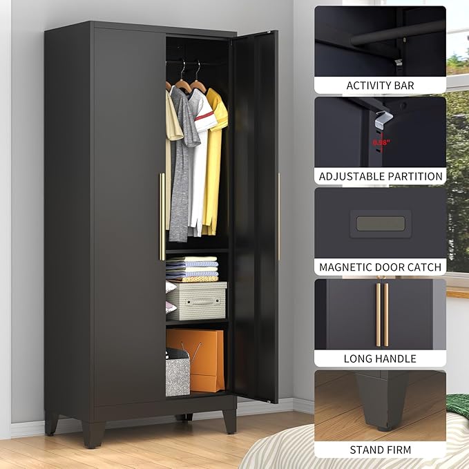 75.3" Tall Metal Armoire Wardrobe Closet with 2 Doors, Adjustable Hanging Rod & 2 Adjustable Shelves, Freestanding Storage Cabinet Organizer for Bedroom, Office, Laundry Room, Black