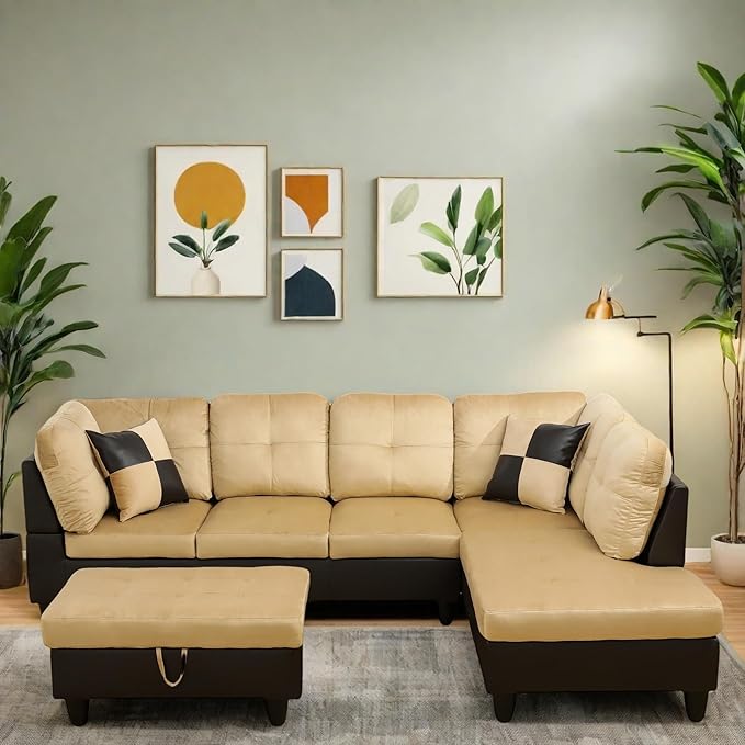 Sectional Couches for Living Room Furniture Sets, 4 Seat L Shaped Couches with Ottoman, Modular Sectional Sofa for Apartment Furniture Sets, Beige and Brown