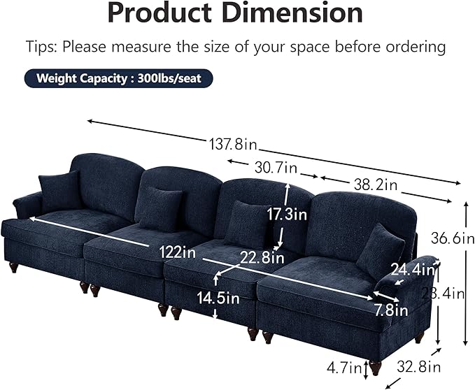 KEIKI Mid Century Modular Sofa with Flared Arms and Skirted Design, 137“ Oversized 4-Seater Luxury Chenille Sectional Couches for Living Room, Big Comfortable Couch Bedroom Furniture, Blue