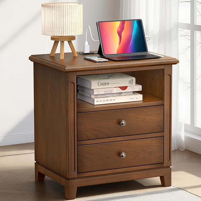 Farmhouse Nightstand with Charging Station, Solid Wood End Table with 2 Large Drawers & Open Shelf, Bedside Table with USB Ports and Outlets, Rustic Wood for Bedroom - Image 7
