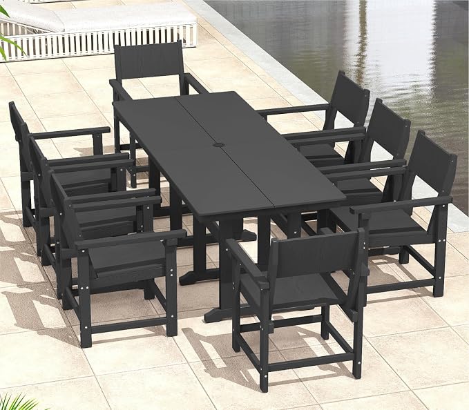 9-Piece Outdoor Dining Set, HDPE Weatherproof Patio Table and Chairs Set for 8, Outdoor Patio Furniture Sets with Umbrella Hole for Outside, Deck, Backyard, Garden (Black) by BIVODA