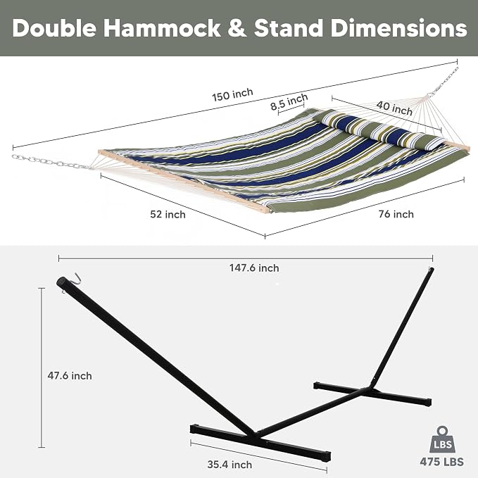 SUNCREAT Hammocks Double Outdoor Hammock with Stand, Cotton Rope Two Person Hammock with Polyester Pad & Large Pillow, Blue& Gray - Image 6