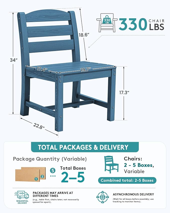 SERWALL Outdoor Armless Dining Chairs Set of 4, All-Weather HDPE Patio Chair with 19.7" Widened Seat, for Backyard, Garden, Blue - Image 2