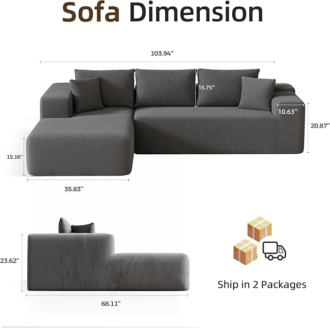 L-Shape Cloud Sectional Sofa, 104” Modern Modular Boneless Couch with Right Chaise Lounge, Compressed Floor Sofa with Pillows & Deep Seat, Flannel Velvet Couch for Living Room, Dark Gray