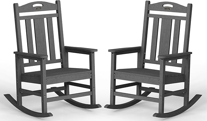 Ciokea Oversized Outdoor Rocking Chairs Set of 2, 380lbs Heavy-Duty Large Patio Rocker, High Back Cozy Porch Chairs, Weather Resistant Patio Rocking Chairs for Outside, Fire Pit, Deck, Dark Grey by CIOKEA