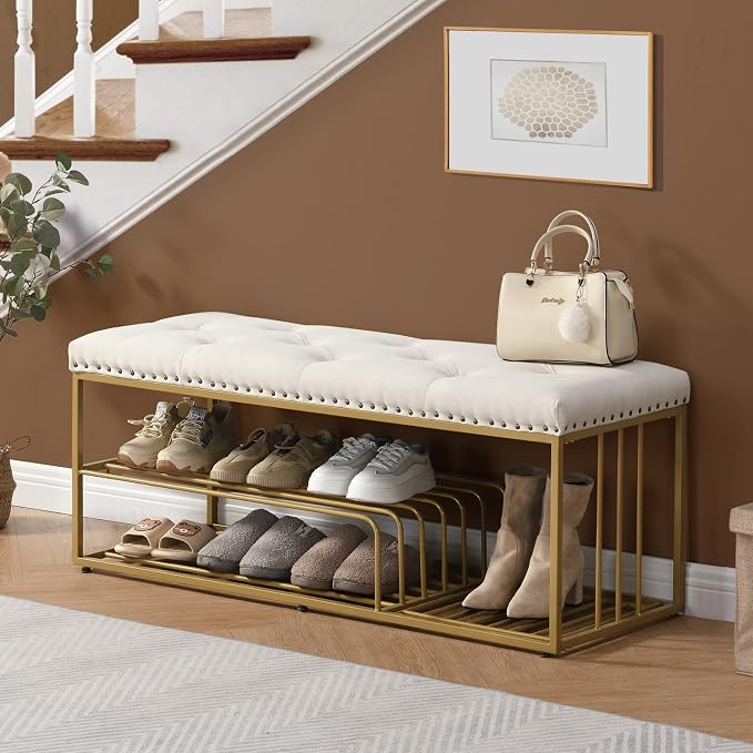 Linen Bench with Storage-Entryway Shoe Storage with Tufted Padded Seat,Gold Mental Frame Ottoman Bench for Bedroom Entry Window Mudroom Living Room,Beige by FERFALDER