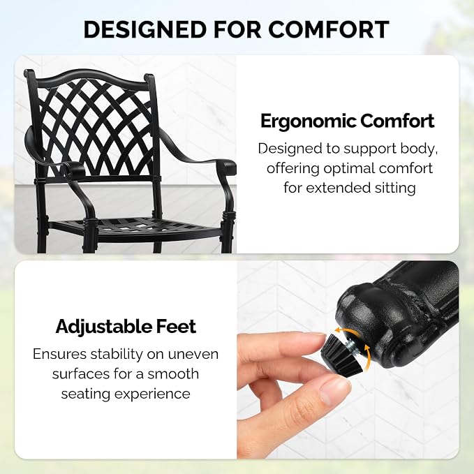 VINGLI Patio Chairs Set of 2 - Stackable Outdoor Cast Aluminum Dining Chairs with Vintage Black Finish and Diamond Pattern, Metal Armchairs for Poolside, Backyard, Balcony (No Cushion) - Image 5
