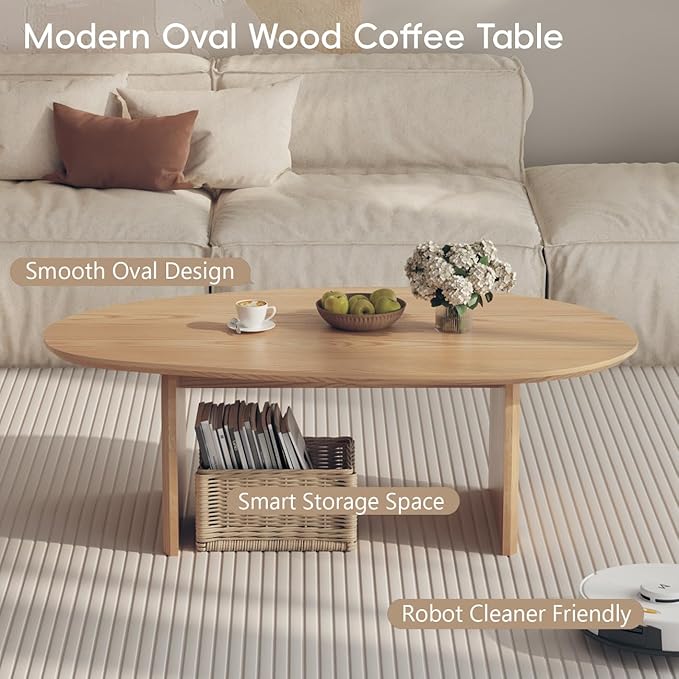Honyee Oval Coffee Table, 47.2" Wood Coffee Table for Living Room, Modern Wooden Center Table with Solid Wood Veneer Legs, Sturdy Rounded Edge Design, Easy Assembly, Apartment Friendly, Natural
