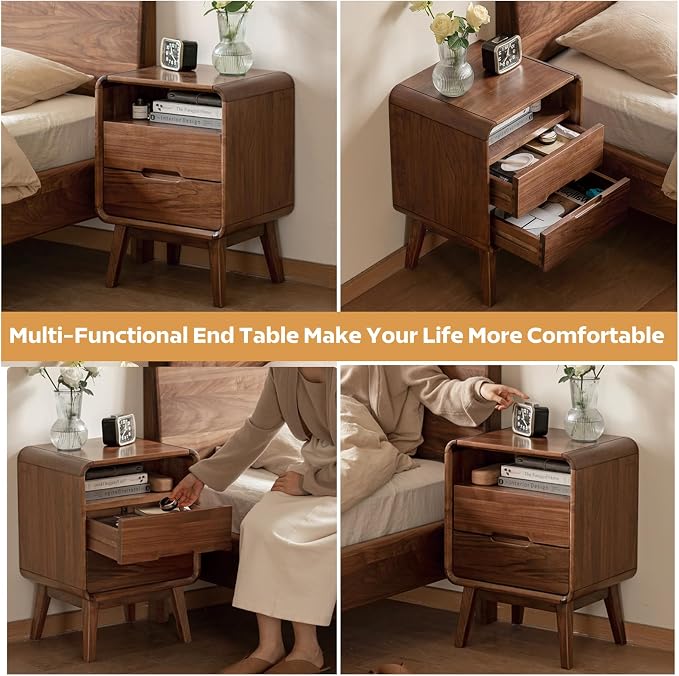 Solid Wood Nightstand Set of 2, Walnut Night Stand with 2 Drawers and Open Storage, Bedside Table for Bedroom, Mid Century Modern Nightstands for Dorm - Image 5