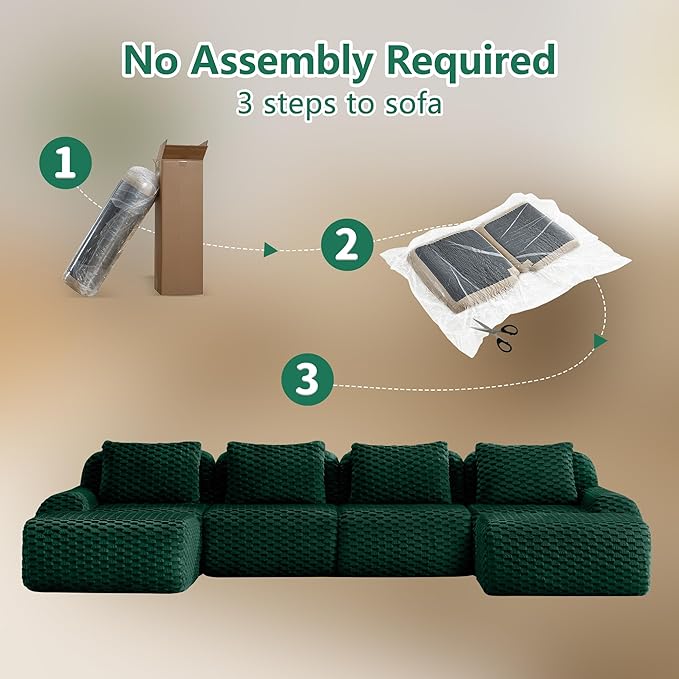 146" U-Shaped Compressed Sectional Cloud Sofa, Flannel Upholstered Modular Deep Seat Sofa with 6 Pieces, Symmetrical Boneless Foam Modular Cloud Couches for Living Room