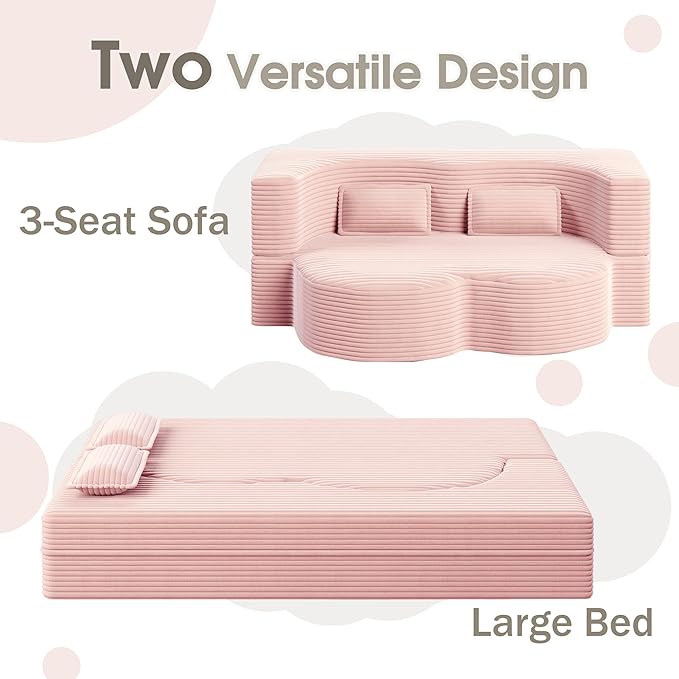 78" Convertible Sofa Bed, 2-in-1 Folding Floor Couch with 2 Pillows, Sleeper Sofa for Living Room and Bedroom, No Assembly Required (Pink, Corduroy Fabric)
