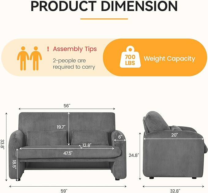 Morden Loveseat, Comfy Upholstered Corduroy Loveseat Sofa, 2-Seater Love Seat Couch for Living Room, Bedroom, Grey