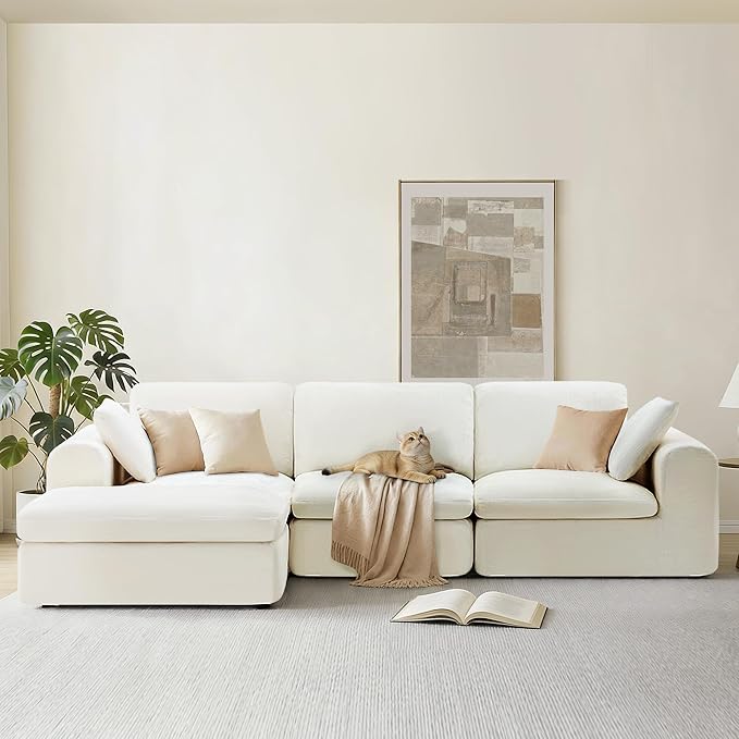 108" Boneless Cloud Couch Sectional No Assembly Required Modular Sofa with Deep Seat for Living Room L Shaped Couch with Ottoman Snowflake Fabric and Memory Sponge White