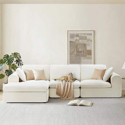 108" Boneless Cloud Couch Sectional No Assembly Required Modular Sofa with Deep Seat for Living Room L Shaped Couch with Ottoman Snowflake Fabric and Memory Sponge White