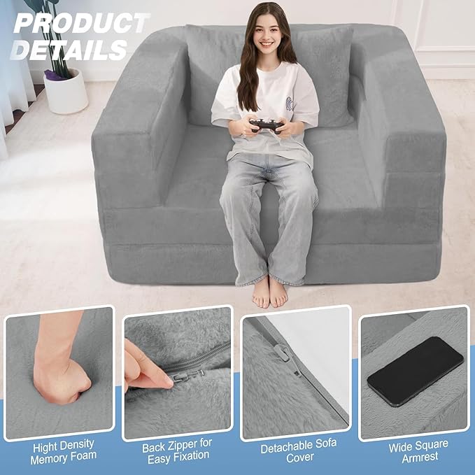 Futon Sofa Bed with Pillow, 3-in-1 Sleeper Sofa Bed with Removable Cover, Convertible Floor Sofa Bed, No Assembly Boneless Couch for Living Room, Bedroom
