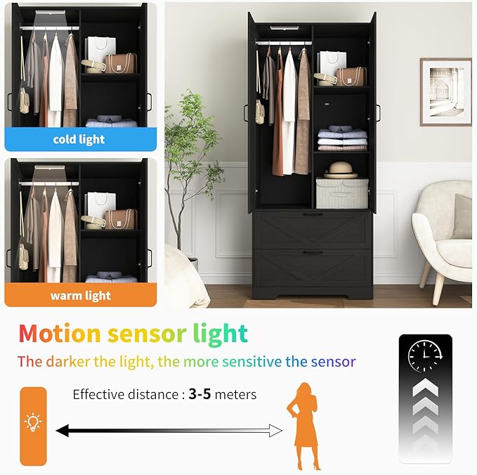 31.5'' Black 2-Door Wardrobe with Mirror, Modern Closet with 2 Drawers, Geometric Design Storage Cabinet for Bedroom