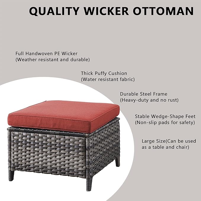 Rilyson Outdoor Patio Furniture Sofa Set - 7 PC Rattan Wicker Patio Sectional Conversation Sets with Sofa,Loveseat,Coffee Table,Armrest Chairs and Ottomans for Porch Deck Garden(Mixed Grey/Red)