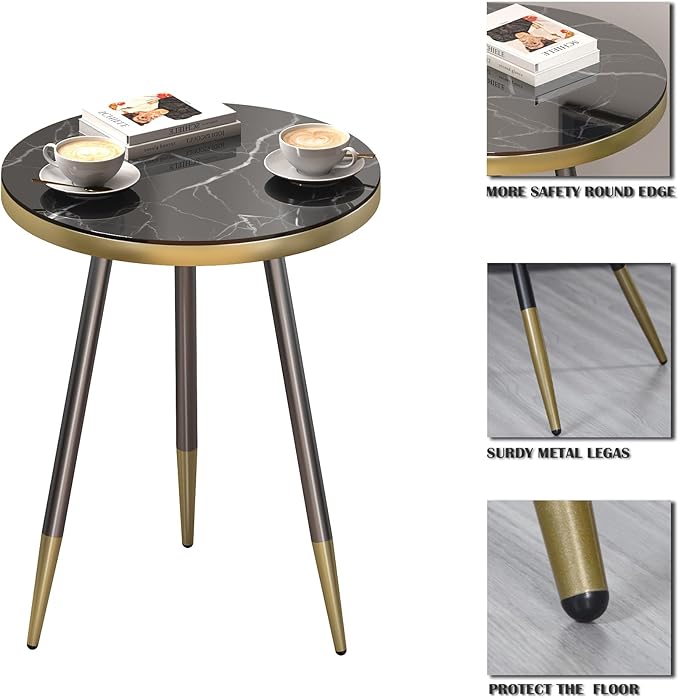 Round Coffee Table for Living Room, Bedroom, Balcony - 21.7" x 19.7" Space-Saving Black Marble-Textured Top, Sturdy Metal Frame with Black & Gold Finish | Premium Baked Paint, Easy Assembly