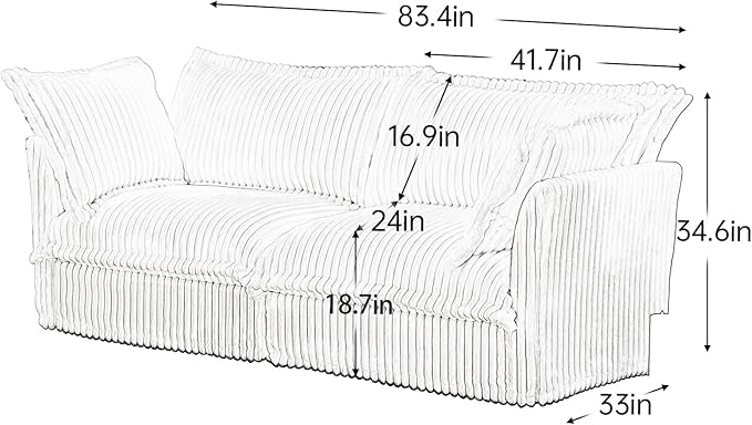 KEIKI 83" Corduroy Sectional Sofa, White Comfy Sleeper Cloud Couch Set with 2 Pillows, Modern Deep Soft Cushion Seat Sofa, Cozy Upholstered Loveseat for Apartment & Living Room, Cream