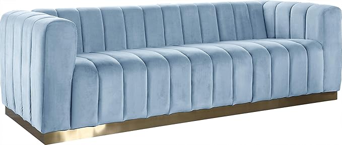 Meridian Furniture 603SkyBlu-S Marlon Collection Modern | Contemporary Velvet Upholstered Sofa with Deep Channlel Tufting and Brushed Gold Finish, Sky Blue, 86.5" W x 34" D x 28" H