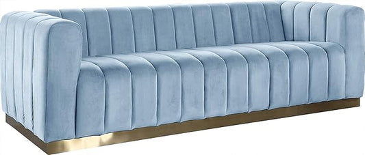 Meridian Furniture 603SkyBlu-S Marlon Collection Modern | Contemporary Velvet Upholstered Sofa with Deep Channlel Tufting and Brushed Gold Finish, Sky Blue, 86.5" W x 34" D x 28" H