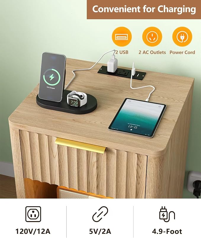 Fluted Nightstand Set of 2, Wooden Night Stand with Charging Station and LED Light, Modern Mid Century End Table with Drawer, Bedside Table for Bedroom, Natural Oak - Image 6