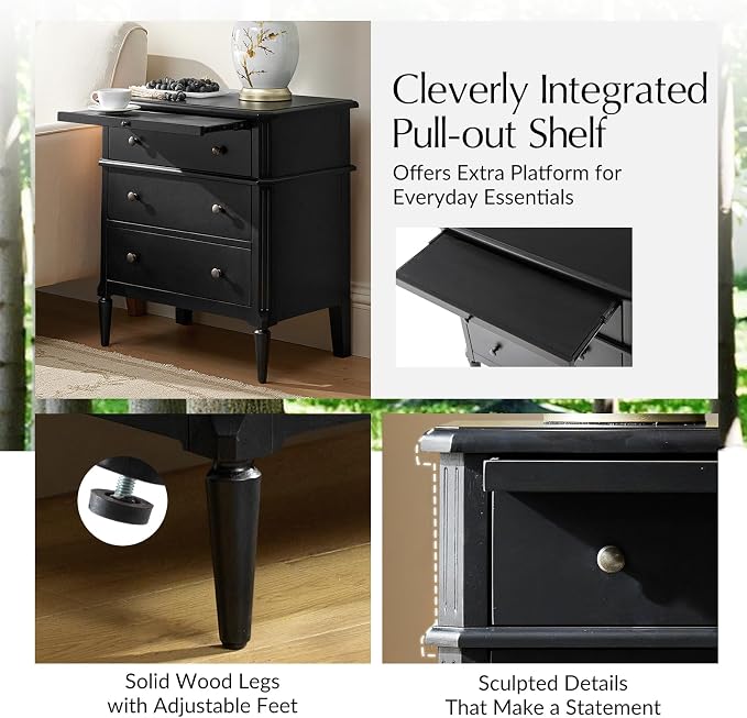 HULALA HOME End Table with Charging Station & Hidden Drawer, 30" Tall Side Table with Pull-Out Shelf, Rubberwood Legs(Black) - Image 4