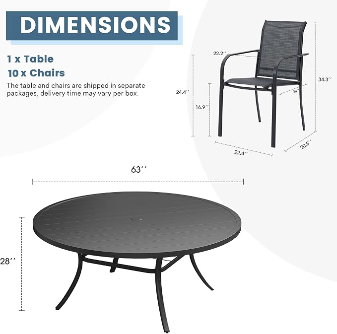 DIFY Patio Dining Set for 10, 11 Piece Outdoor Table and Chairs Set, 63" Black Round Metal Patio Dining Table and Grey Textilene Stackable Patio Chairs, for Backyard Garden Poolside - Image 8