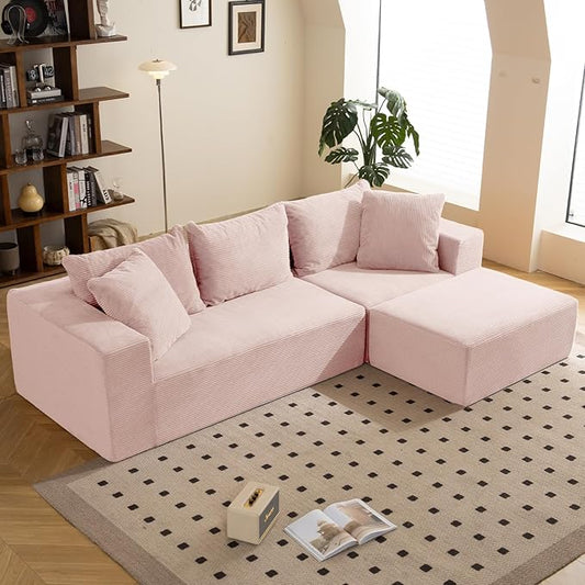 108" L-Shaped Boneless Couch, Modular Sectional Sofa with Moveable Ottoman, Corduroy Cloud Couches for Living Room, No Assembly, Ship in a Box, Pink