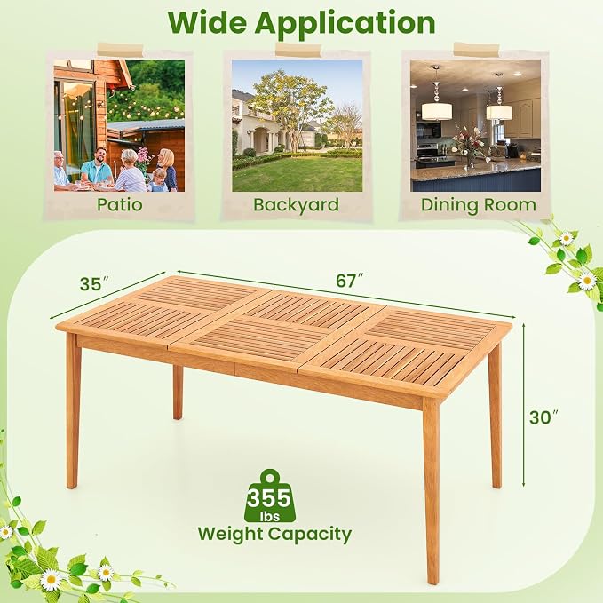 Tangkula 6-Person Outdoor Acacia Wood Dining Table, 67" x 35" Rectangular Dining Table with 1.96" Umbrella Hole, Outdoor Patio Table for Deck, Garden, Poolside and Backyard, Natural - Image 3