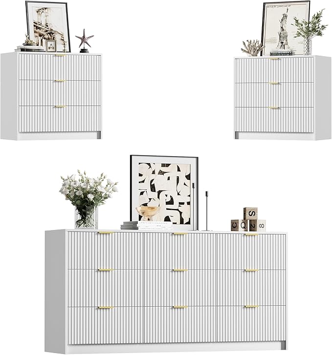 Furniway White Dresser Bedroom Set 3 Pieces, Nightstands Sets of 2, 9 Drawer Dresser with Gold Handles for Bedroom