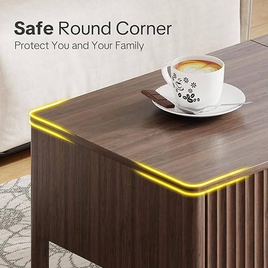 Fluted Lift Top Coffee Table with Hidden & Open Storage, Rectangle Modern Coffee Table for Living Room, Smooth Hydraulic Lift, Large Capacity, Safe Round Corners, Easy to Clean, Vertical Grain-Brown
