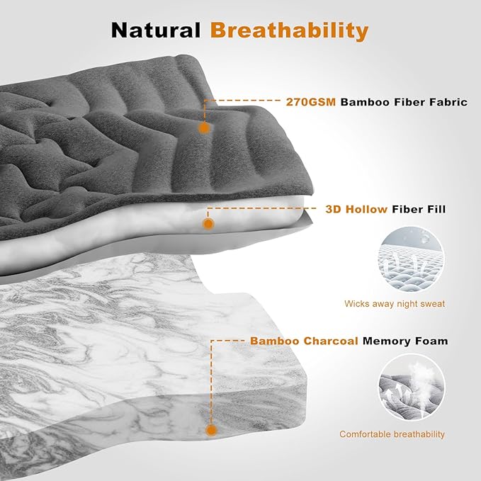 HOMRELEXA Dual Layer 4 Inch Bamboo Memory Foam Mattress Topper Twin Size, 2 Inch Thick Soft Quilted Pillow Top Cover Plus 2 Inch Charcoal Gel Memory Foam Mattress Pad for Back Pain Relief