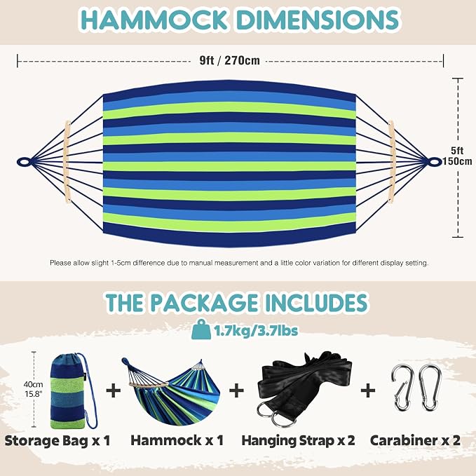 Anyoo Garden Cotton Hammock Comfortable Fabric Hammock with Spreader Bar Sturdy Hammocks Up to 450lbs Portable Lightweight Hammocks with Travel Bag for Camping Outdoor/Indoor Patio Backyard - Image 2