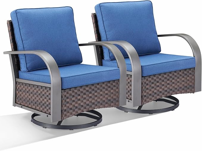 HUMMUH Patio Swivel Glider Outdoor Chair-All Weather Rattan Wicker Patio Swivel Rocking Chairs Porch Chair for Deck Porch Lawn Garden Backyard-Brown/Blue