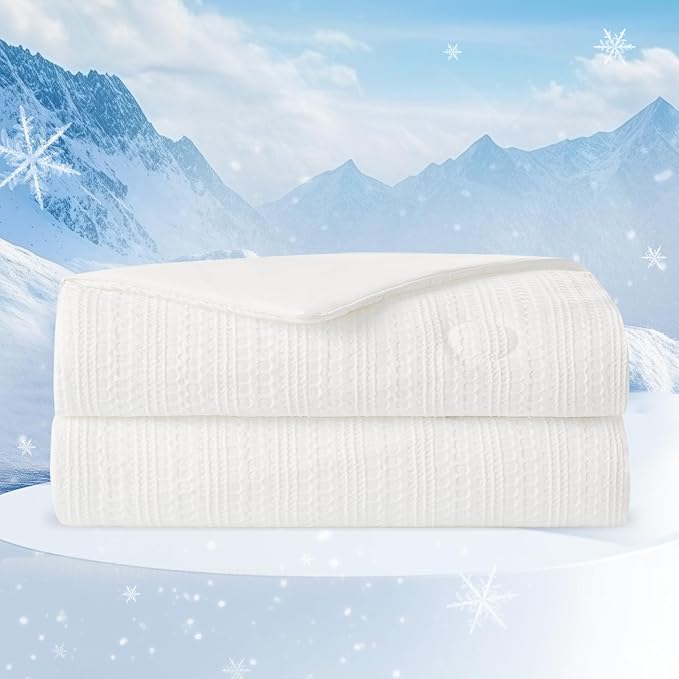 Amélie Home Waffle Cooling Comforter Queen Size, Q-Max 0.45 Reversible Lightweight Cooling Blanket for Hot Sleepers, Breathable Bedding for Night Sweats, 90"x90", White