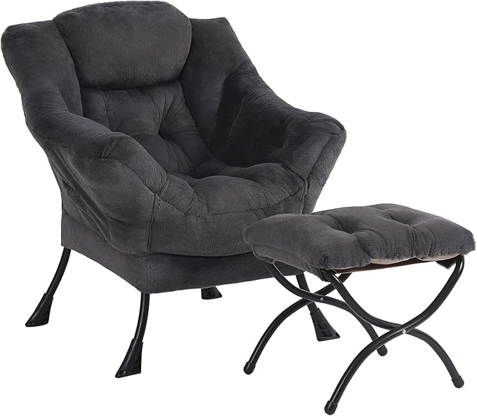 Plush Lazy Chair and Ottoman, Large Dark Grey Contemporary Accent Chair with Side Pocket, Modern Leisure Upholstered Reading Armchair with Footrest for Office, Bedroom, Living Room, Balcony
