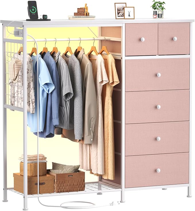 DUMOS Dresser for Bedroom with Hanging Rack, 6 Drawer Fabric Dresser with Charging Station and LED Lights, Closet Organizer & Storage Tower for Living Room, Entryway, Apartment, Pink by DumosLifestyle