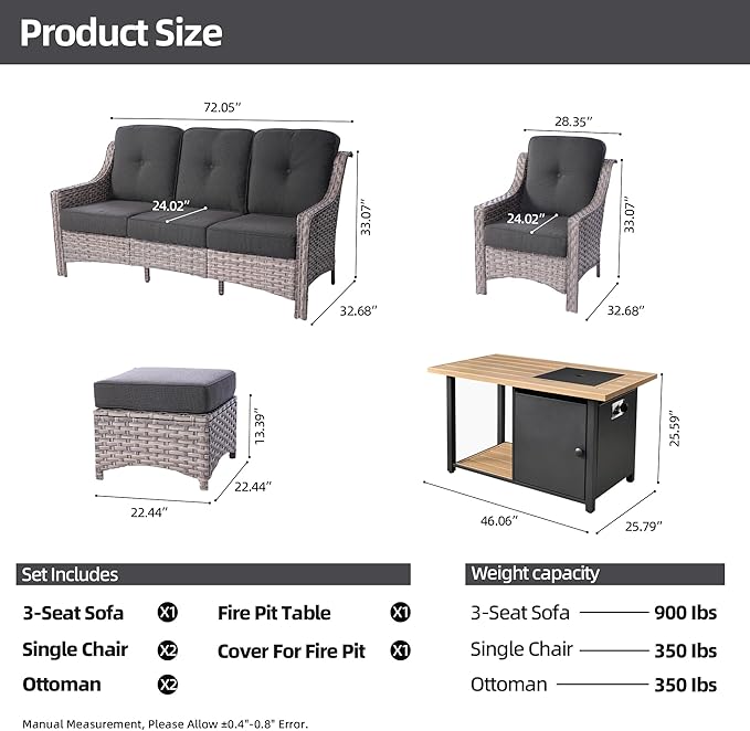 HOOOWOOO 6 Piece Patio Furniture Sets with Fire Pit Table,Outdoor Wicker Furniture Set,All Weather Resistant Outside High Back Rattan Conversation Set for Out Door(Black)
