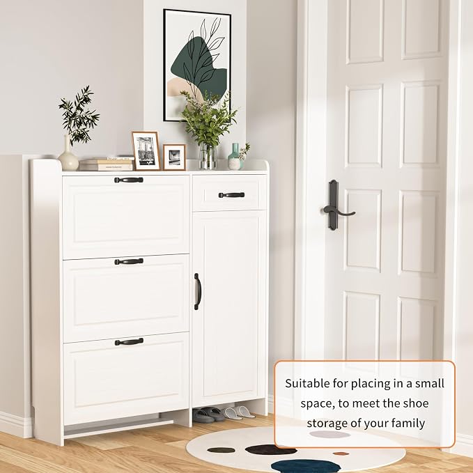 Shoe Cabinet for Entryway, Freestanding Shoe Storage Cabinet with 3 Flip Drawers and Side Cabinet, Narrow Shoe Rack Organizer with Adjustable Shelves, Modern Slim Hidden Shoe Cabinet, White - Image 7