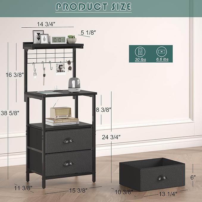sthmec Bedside Tall Nightstands with Charging Station, LED Bedside Table for Bedroom - 3 PU Fabric Drawers, Hooks, USB/Type-C Ports & Open Bedside Shelves, Black - Image 3