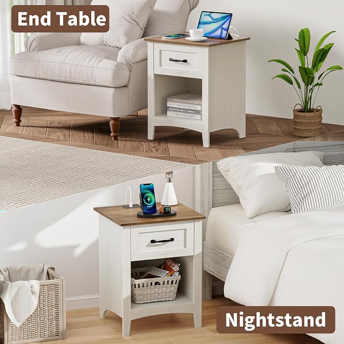 HOMMPA Farmhouse Nightstand with Charging Station, Mid Century Modern Night Stand w/Drawer & Open Shelf, Wood Bedside Table Night Table, Rustic End Table for Bedroom, Rustic White - Image 7