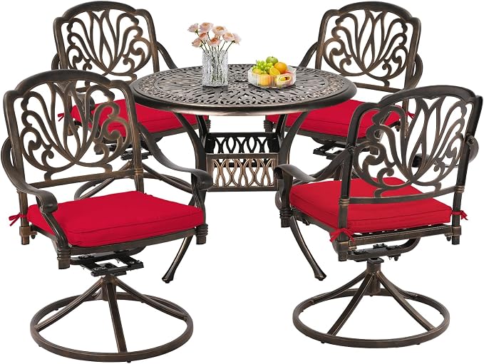 Grepatio 5 Piece Outdoor Dining Set Cast Aluminum Patio Dining Set Table and Chairs Outside Furniture 4 Swivel Chairs with Cushion and 1 Umbrella Round Dining Table for Lawn Garden Patio (Red) by Takesyoutohaveawonderfullife