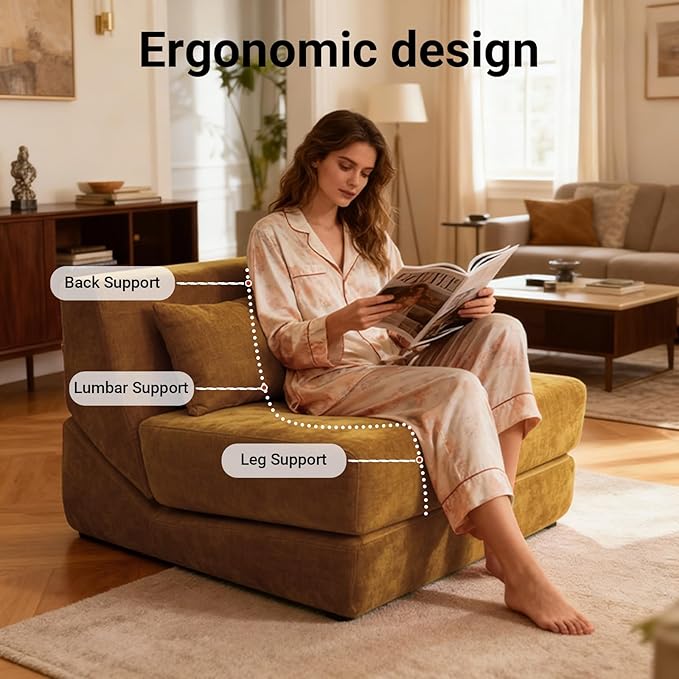Folding Sofa Bed Chair, Convertible Sleeper Sofa Couch Bed w/Pillow, Lounge w/Back Support & Washable Cover for Living Room, Bedroom, Apartment, Office (Yellow) | With ashable cover, Foldable chair bed